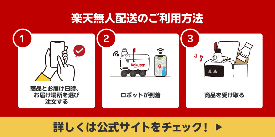 楽天無人配送のご利用方法 1.商品とお届け日時・お届け場所を選び注文 2.ロボットが到着 3.商品を受け取る